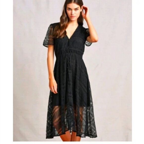 Tularosa black Mixed Crochet Lace Midi Dress - Picture 1 of 12